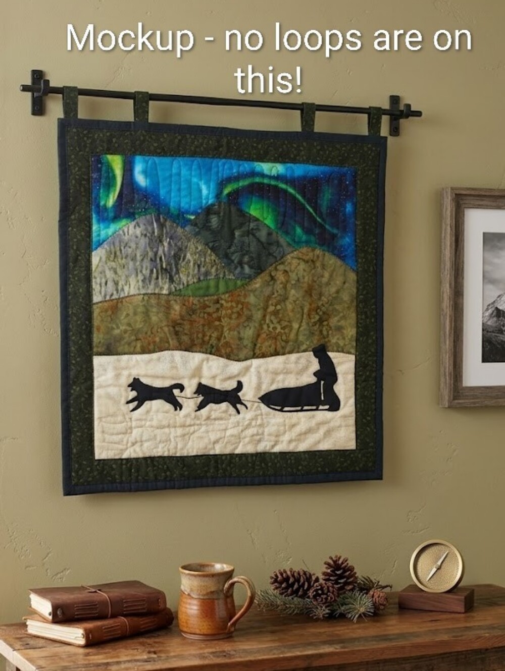 Handmade Quilted Winter Sled Dog Wall Hanging - Blue Green Earth Tones